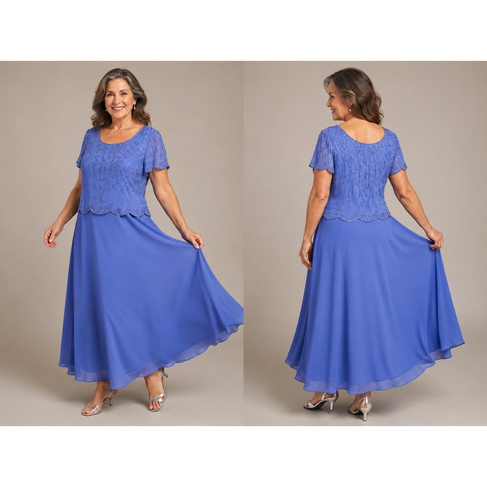 Karen Miller Women's Size 16 Blue Beaded Formal Evening Dress Short Sleeve Maxi